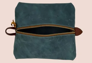 Leather or embroidery product image leather teal toiletry bag top horizontal
