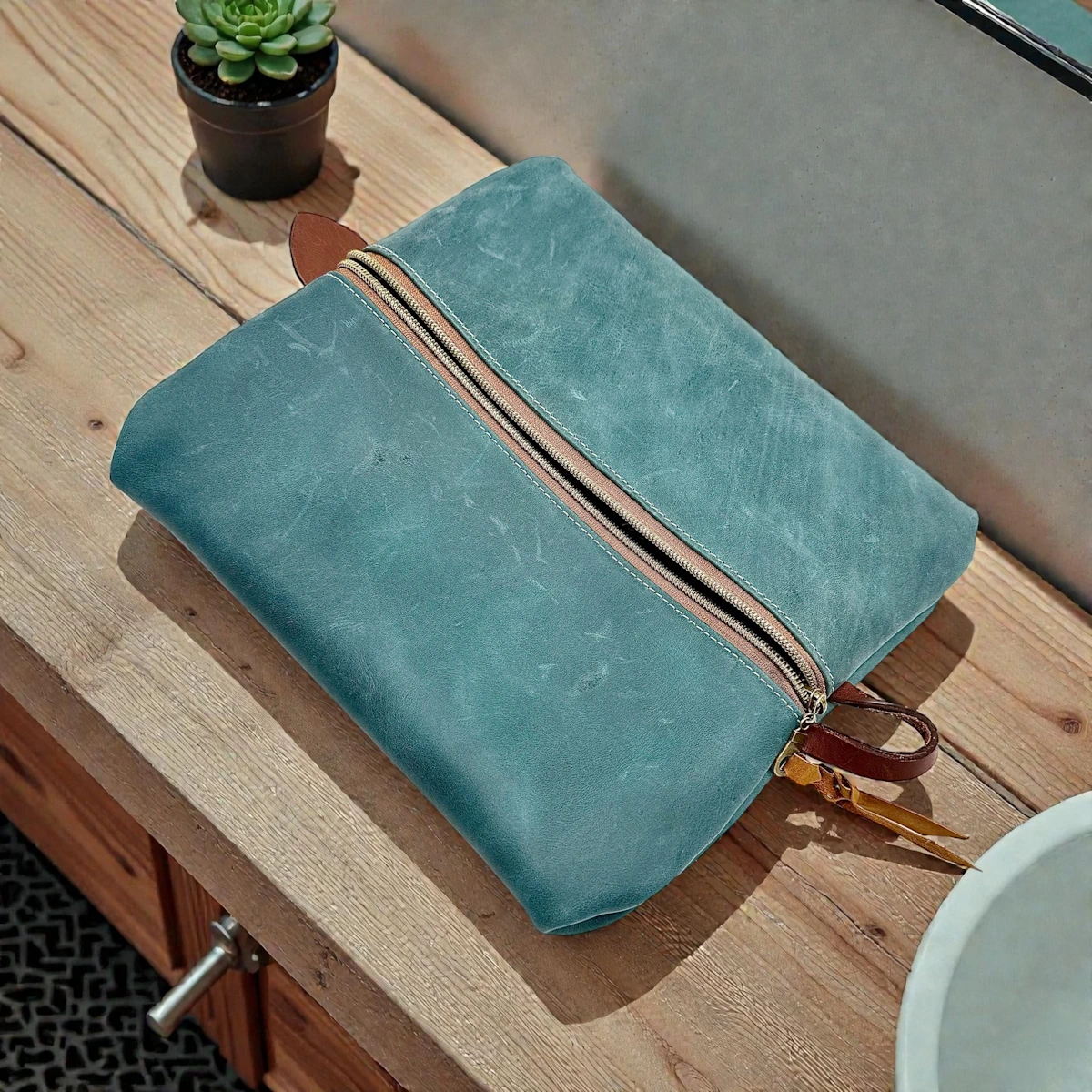 Leather or embroidery product image leather teal toiletry bag bathroom