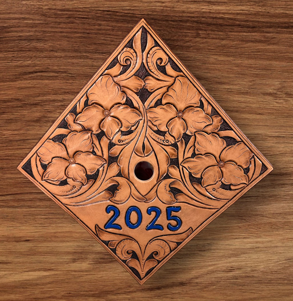 hand tooled leather graduation cap topper