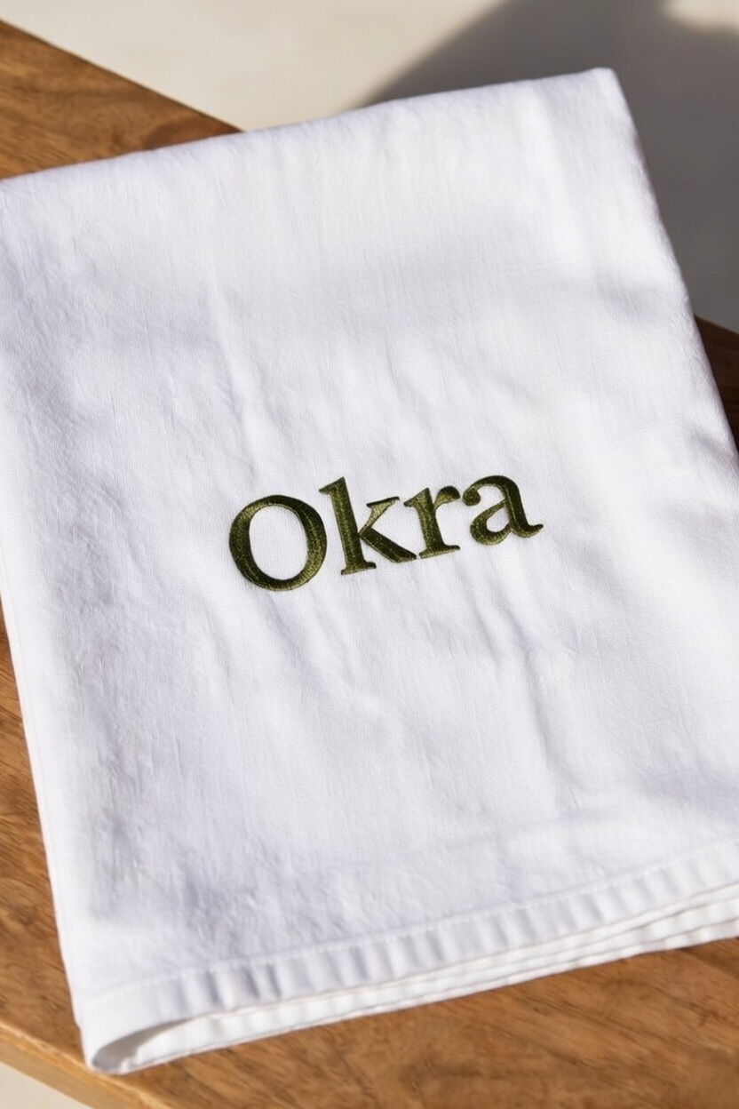 custom embroidery Lafayette LA on embroidered towel – hand-stitched personalization by Okra Jean in our Lafayette, Louisiana workshop