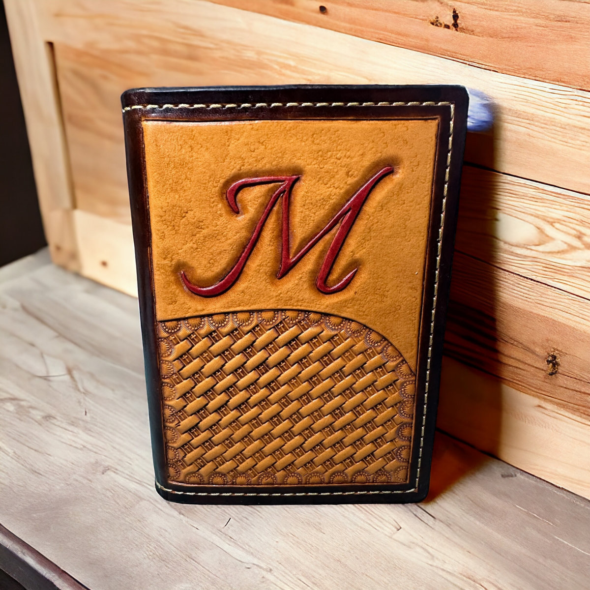 Handmade small notebook cover, dyed, and custom painted initial on tooled veg tanned leather Lafayette LA
